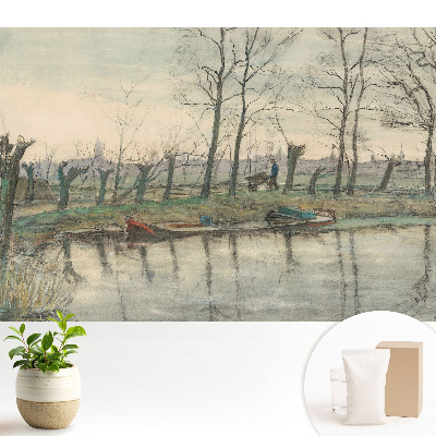 Tapeta do obývacího pokoje s motivem krajiny, řeky a aleje stromů