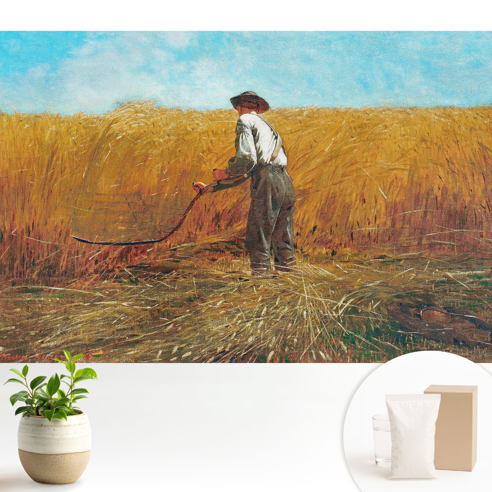 Tapeta Farmář v pšeničném poli pod modrou oblohou