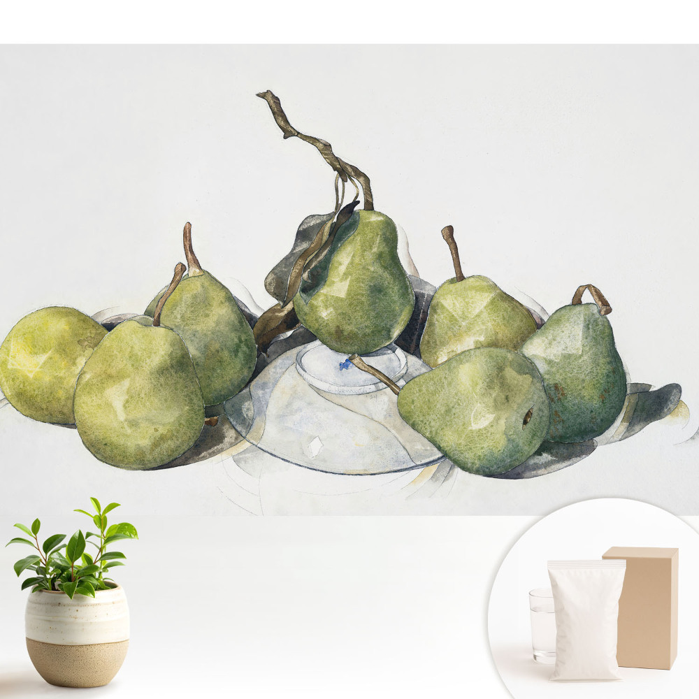 Samolepící tapeta s akvarelovým motivem hrušek na talíři