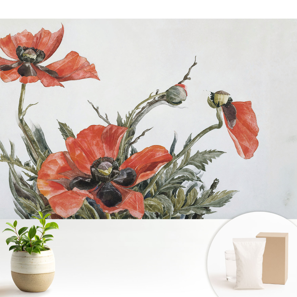 Tapeta do obývacího pokoje s jemným motivem máků na světlém pozadí