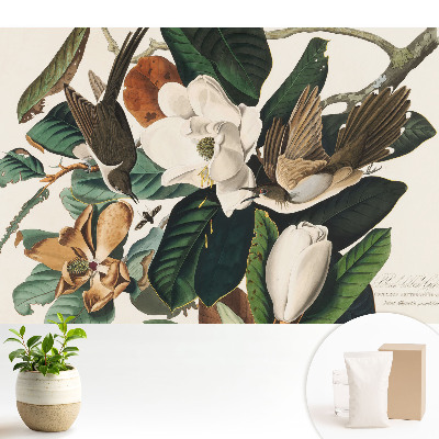 Tapeta do obývacího pokoje s motivem magnólií a ptáků v klasickém stylu