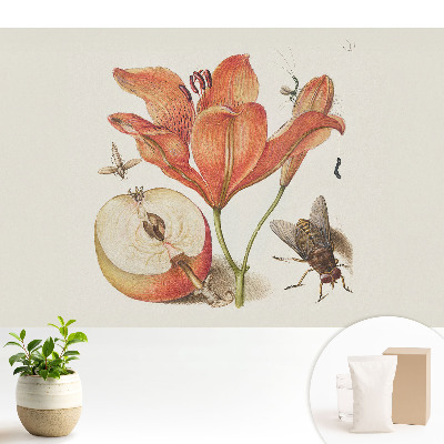 Tapeta s květinami, hmyzem a ovocem v motivu harmonie přírody