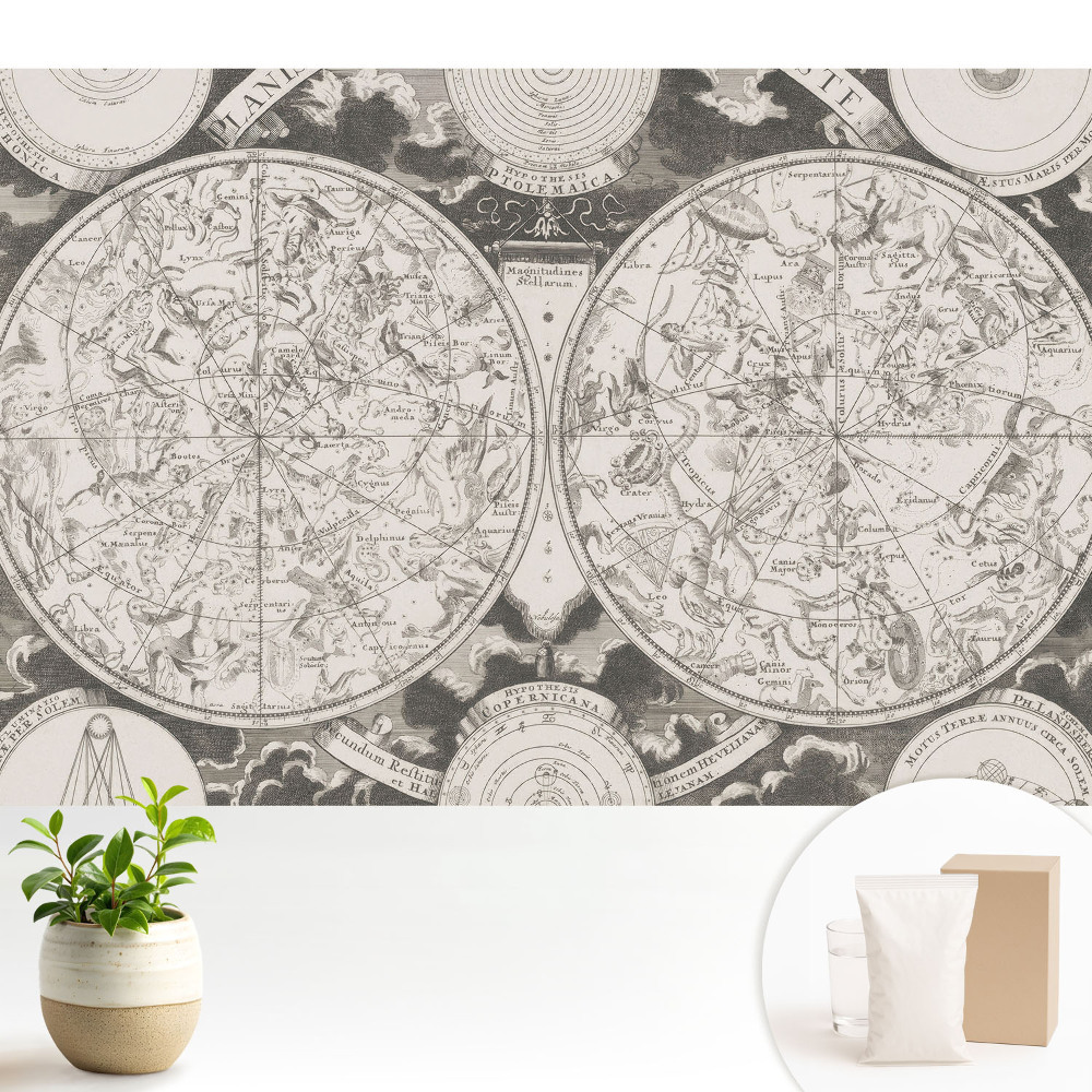 Tapeta do obývacího pokoje s motivem historických souhvězdí v retro kartografickém stylu