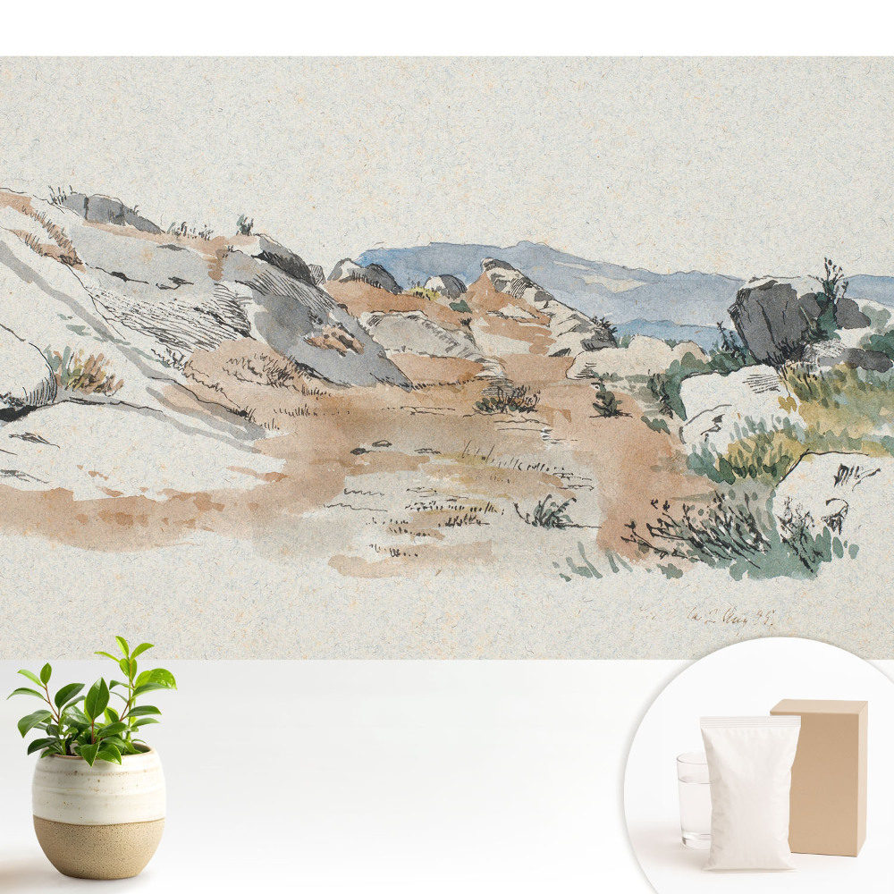 Tapeta na zeď se skalnatou krajinou v jemných, tlumených barvách