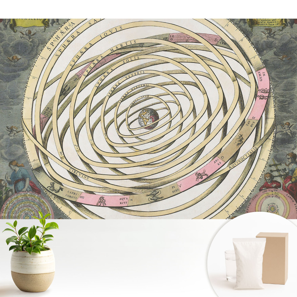 Tapeta do obývacího pokoje s historickým motivem nebeské sféry a planetami