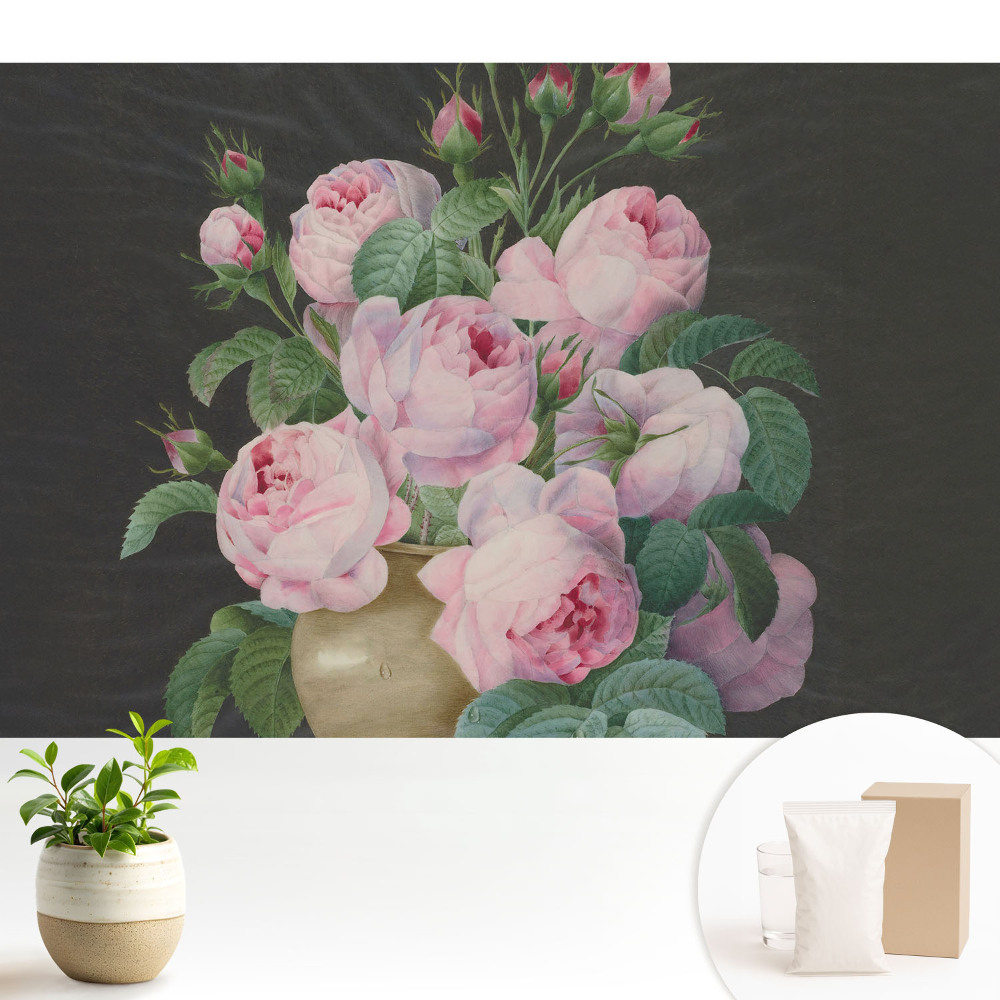 Samolepící tapeta se vzorem růžových růží ve šedé váze