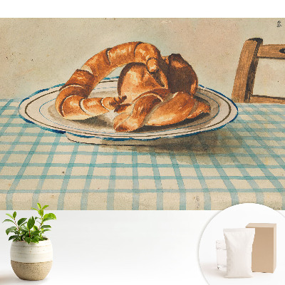 Samolepící tapeta Croissanty na talíři u kostkovaného stolu