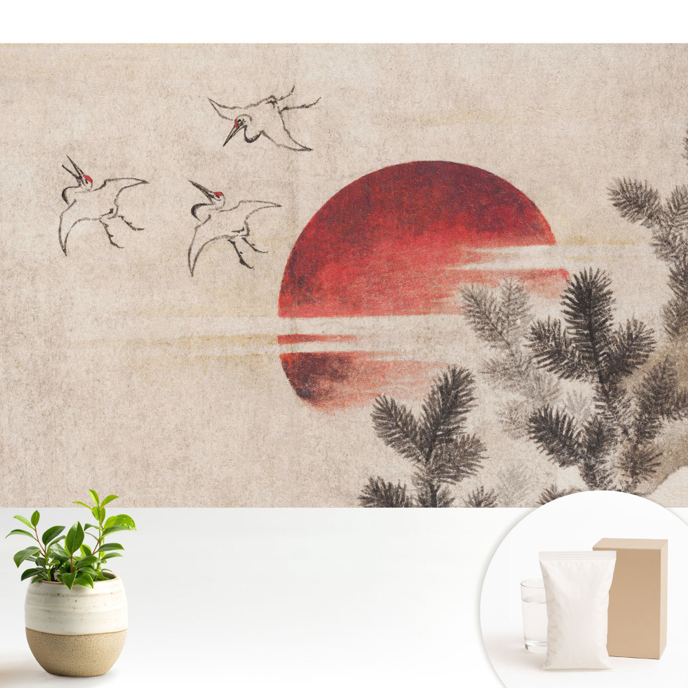Tapeta do obývacího pokoje s motivem tří ptáků a slunce na pozadí jehličnatého lesa