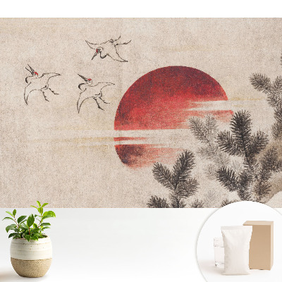 Tapeta do obývacího pokoje s motivem tří ptáků a slunce na pozadí jehličnatého lesa