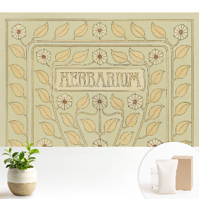 Tapeta do obývacího pokoje se secesním rostlinným motivem a nápisem „Herbarium”