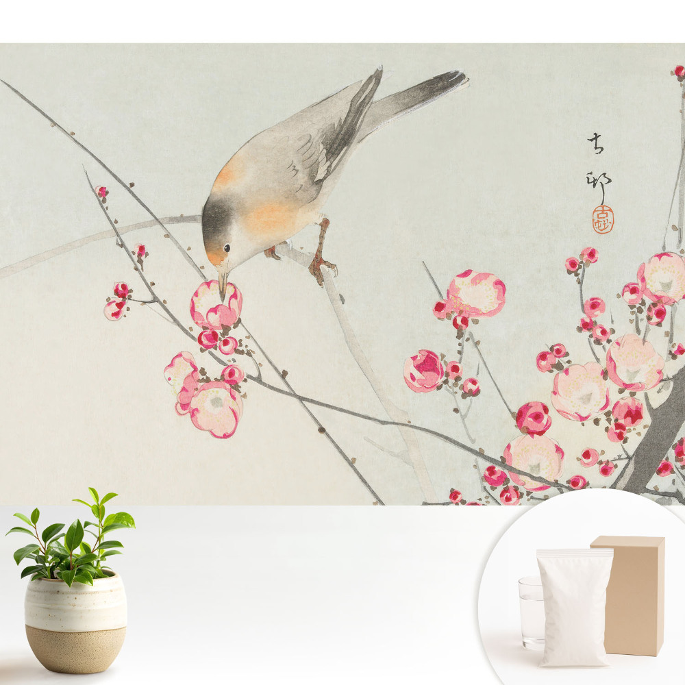 Tapeta na zeď s motivem japonského ptáka a květin