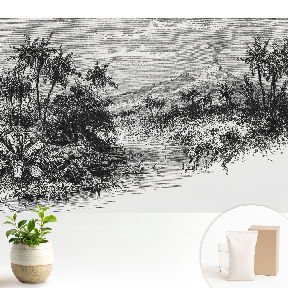 Samolepící tapeta s motivem tropické rytiny se sopkou