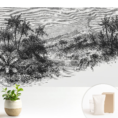 Samolepící tapeta s motivem tropické rytiny se sopkou