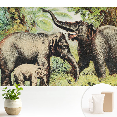 Tapeta do obývacího pokoje s motivem rodiny slonů na pozadí džungle