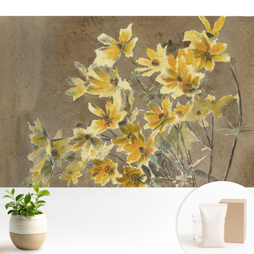 Tapeta do obývacího pokoje se žlutými květy na zemitém pozadí