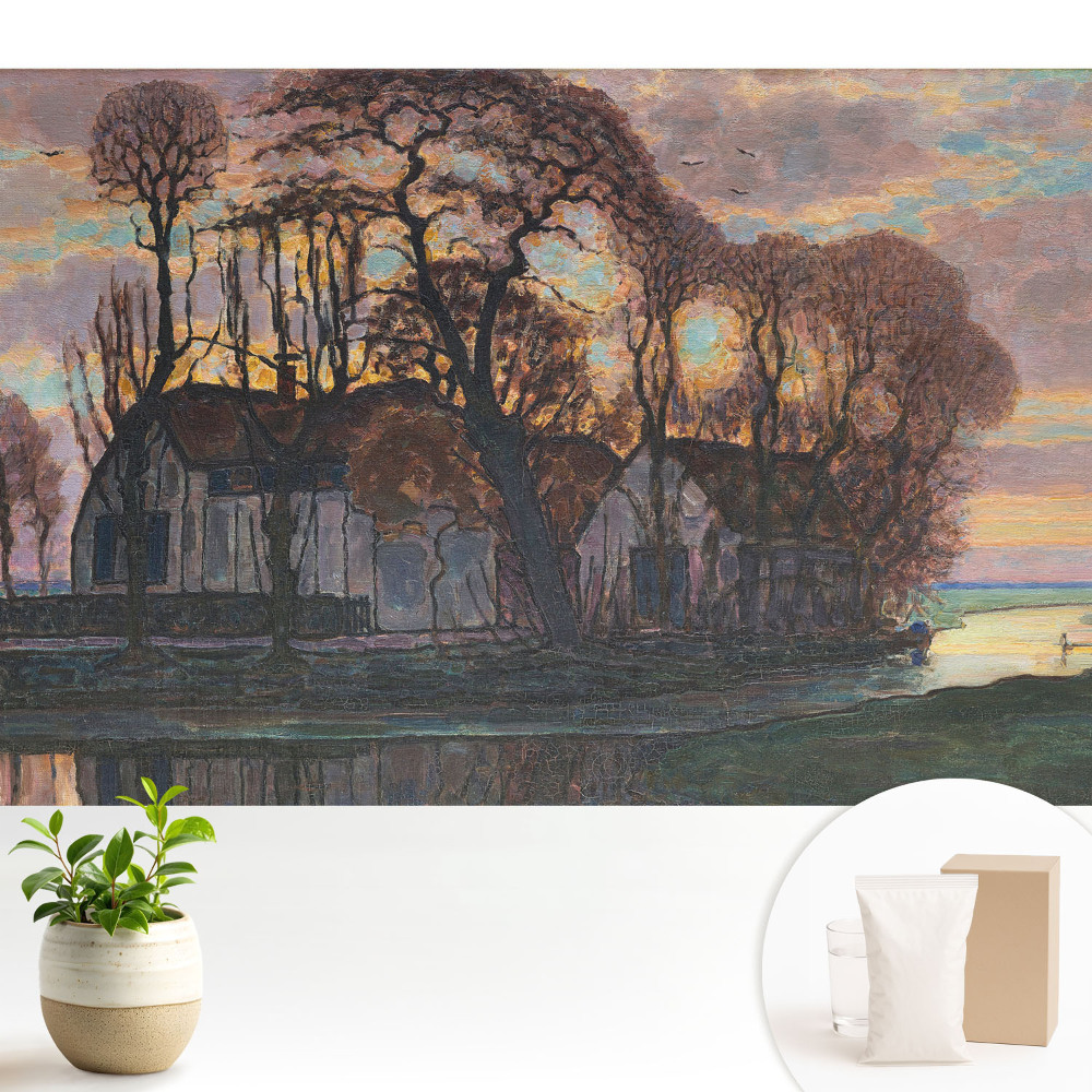 Tapeta se západem slunce, stromy a řekou v klidném provedení