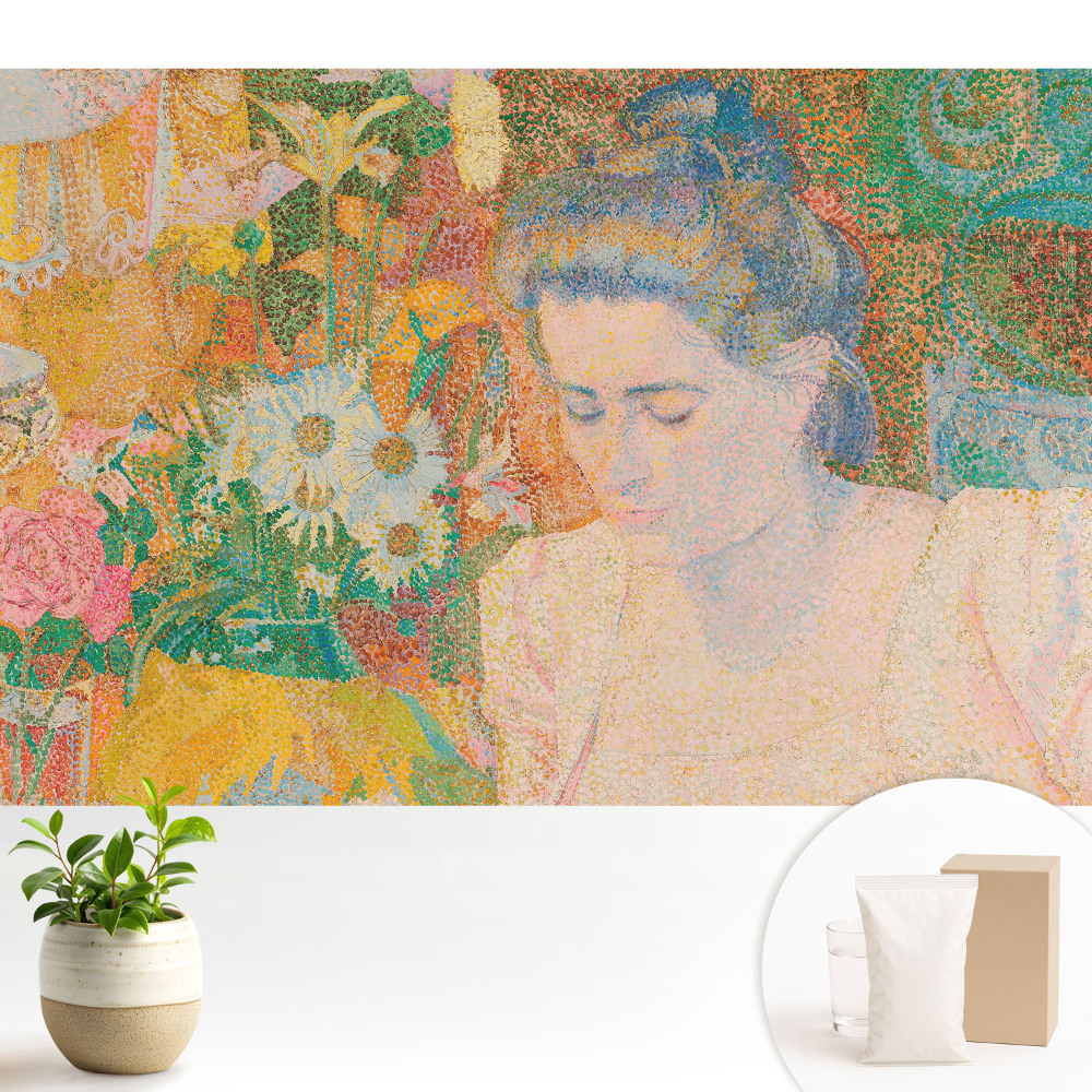 Tapeta do obývacího pokoje se vzorem zamyšlené ženy obklopené květinami