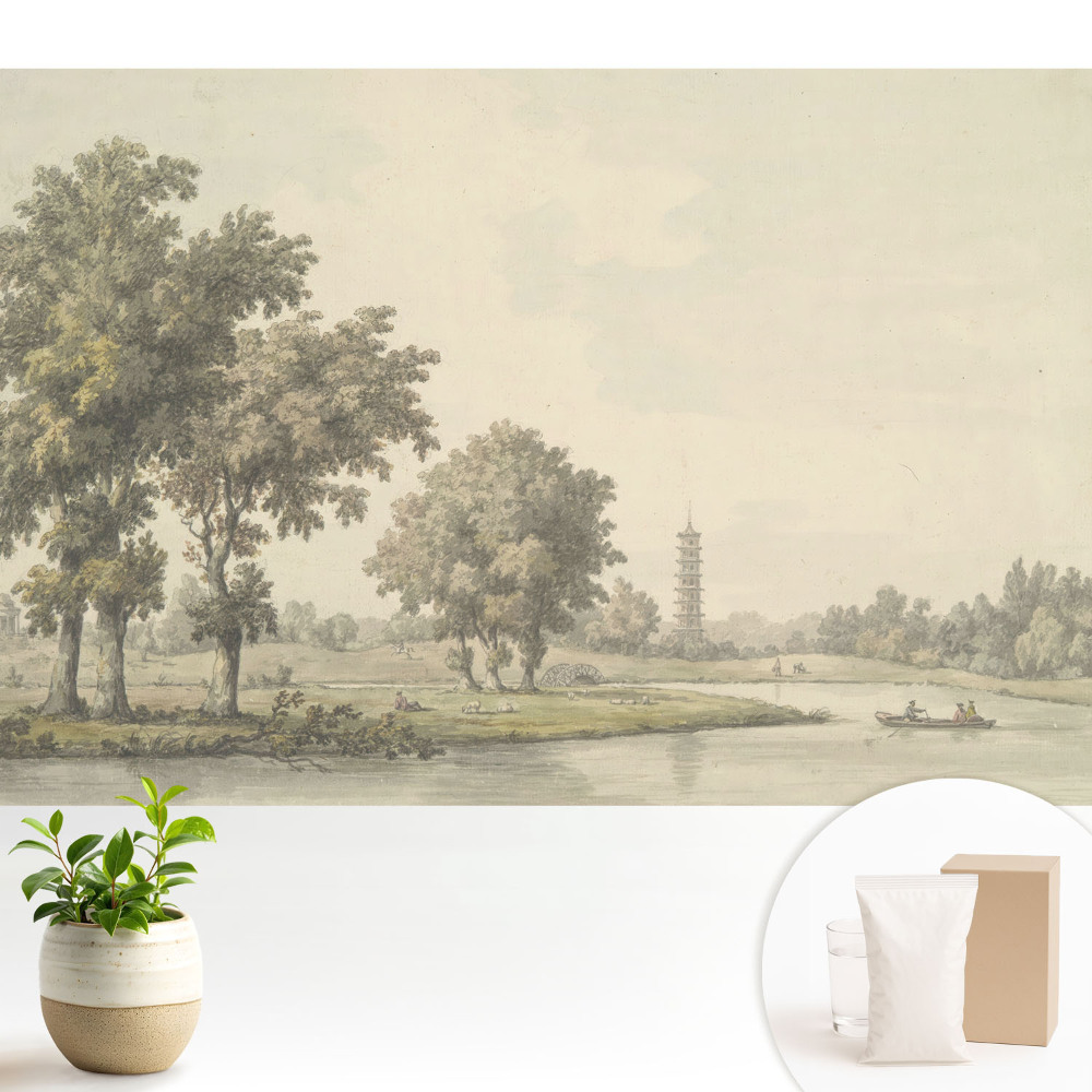 Tapeta s malebnou krajinou s pagodou a rybníkem