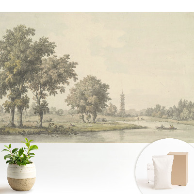 Tapeta s malebnou krajinou s pagodou a rybníkem