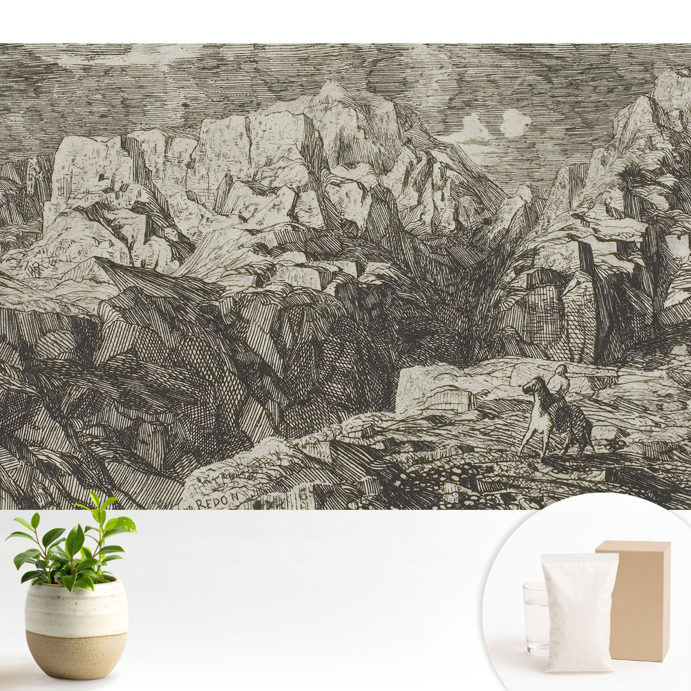 Tapeta do obývacího pokoje s klasickou grafikou zobrazující drsné kameny a postavu s oslem