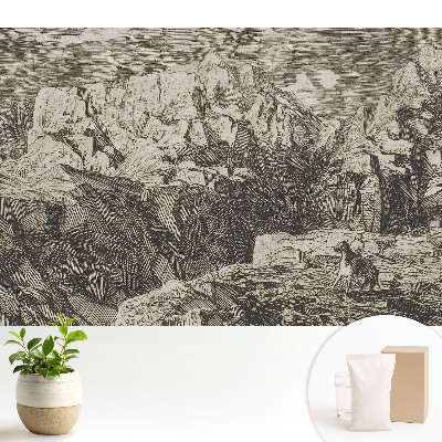 Tapeta do obývacího pokoje s klasickou grafikou zobrazující drsné kameny a postavu s oslem