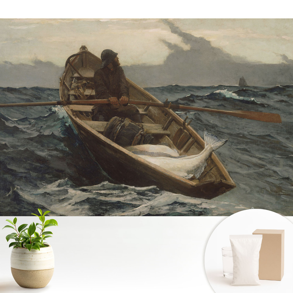 Tapeta do obývacího pokoje s motivem rybáře lovícího ryby v rozbouřeném moři