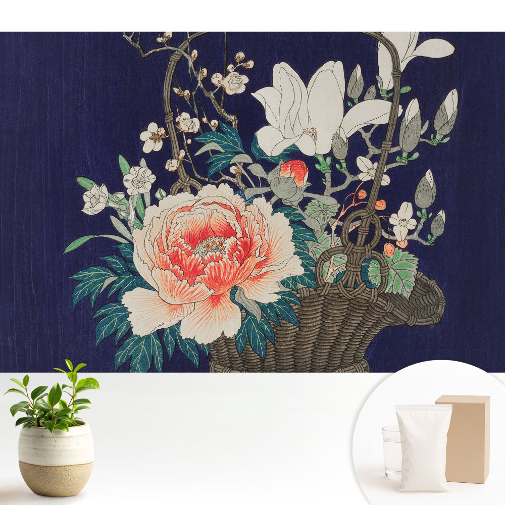 Tapeta do obývacího pokoje s klasickým květinovým aranžmá v proutěném košíku