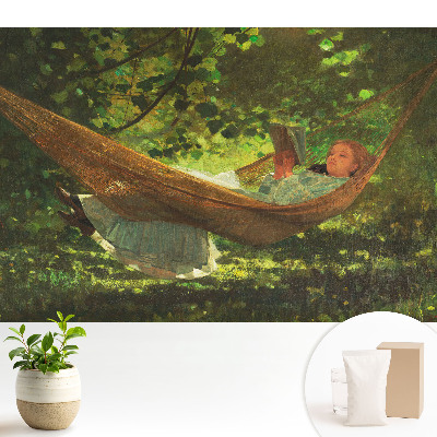 Tapeta do obývacího pokoje s motivem dívky v houpací síti pod stromy