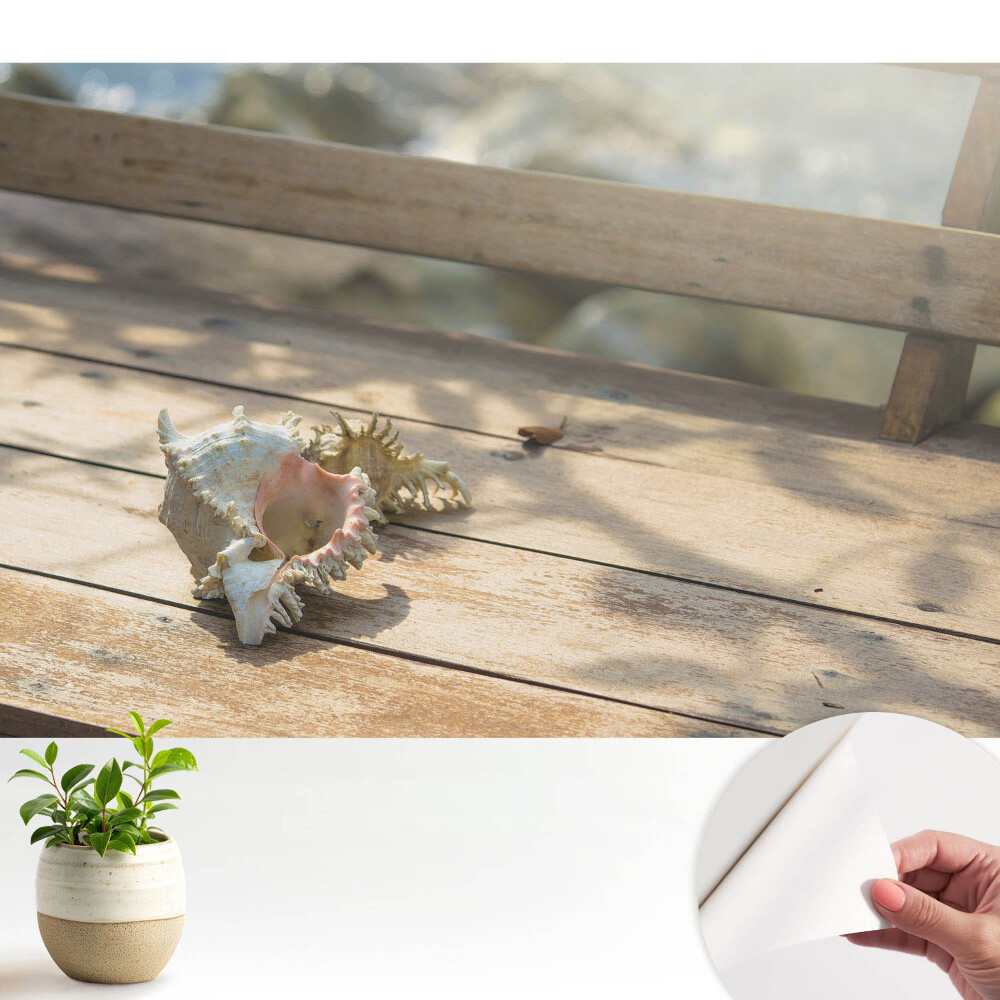 Tapeta Mušle na dřevěné lavici