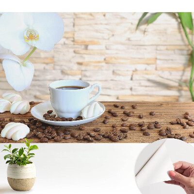 Tapeta na zeď s motivem kávy a orchideje na dřevě