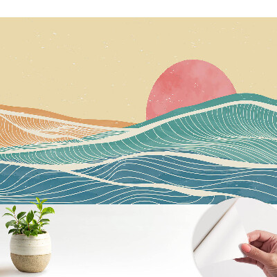 Tapeta do obyvaku Mořské vlny a růžové slunce abstraktní