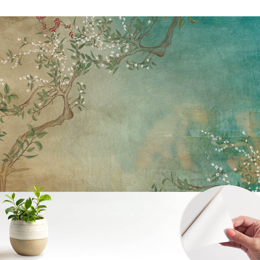 Tapeta do obyvaku Rustikální větve s květinami a bobulemi