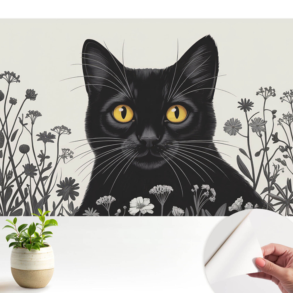 Tapeta Černá kočka se žlutýma očima mezi květinami
