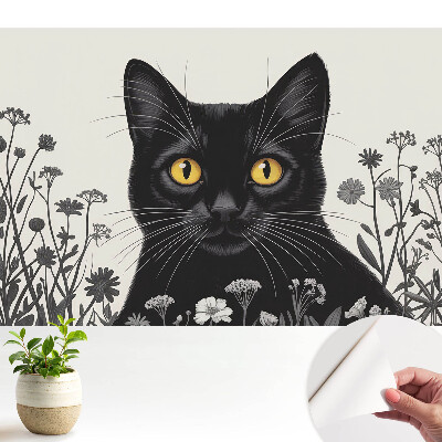 Tapeta Černá kočka se žlutýma očima mezi květinami