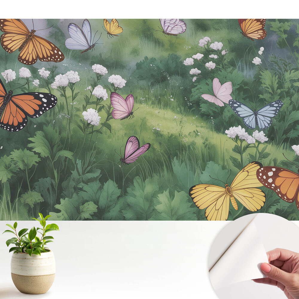Tapeta Barevní motýli nad loukou plnou květin