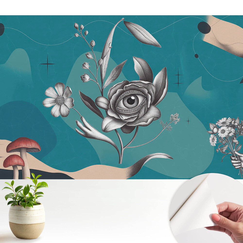 Tapeta do obyvaku Surrealistická koláž s květinami.