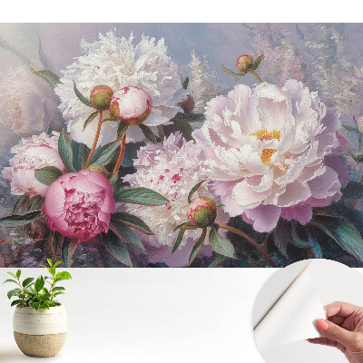 Tapeta do obývacího pokoje s pastelovým květinovým motivem pivoněk