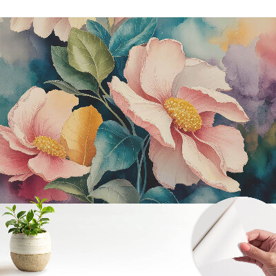 Tapeta do obývacího pokoje s pastelovými květinami a listy v akvarelovém stylu