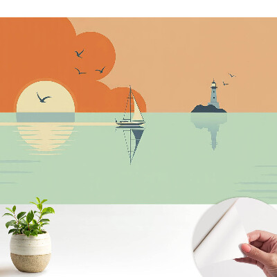 Tapeta do obyvaku Plachetnice a maják na pozadí východu slunce