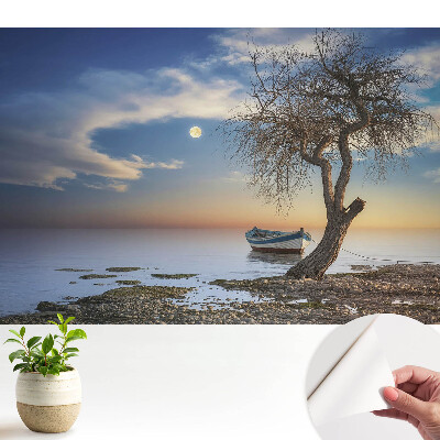 Tapeta do obyvaku Romantický západ slunce s lodí a stromem