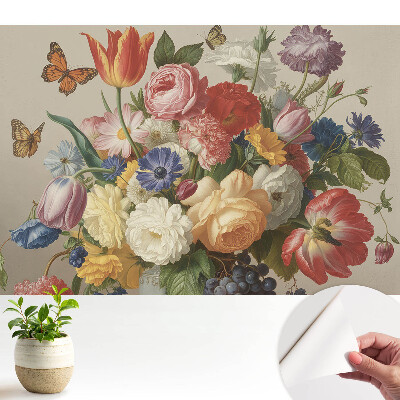 Tapeta na zeď s barevnou kyticí květin a motýly