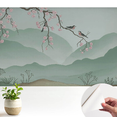 Tapeta Květiny a ptáci proti kopcům