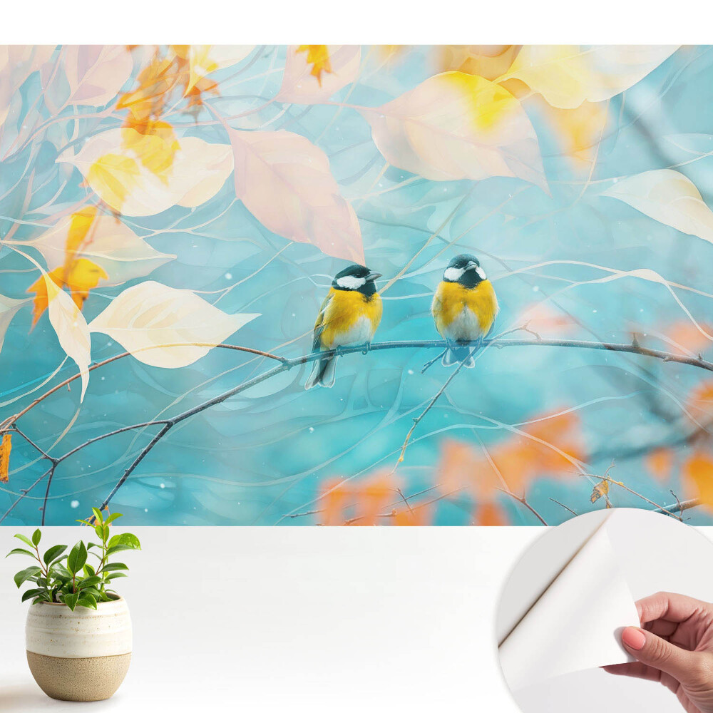 Tapeta Ptáci na větvi s listnatými akcenty.