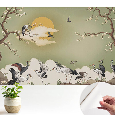 Tapeta do obyvaku Jeřábi a kvetoucí stromy