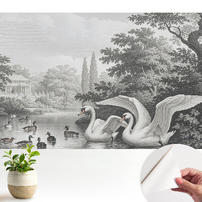 Tapeta do obyvaku Jezero s labutěmi a kachnami v klasickém stylu
