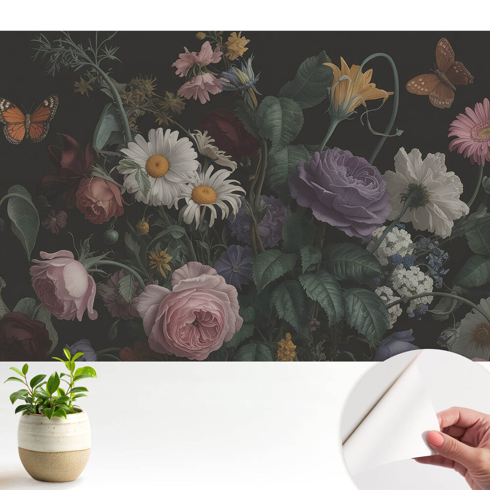 Tapeta Květinová kytice s motýly na tmavém pozadí