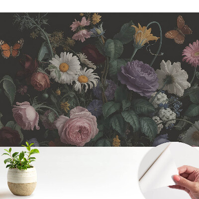 Tapeta s květinovou kyticí a motýly na tmavém pozadí