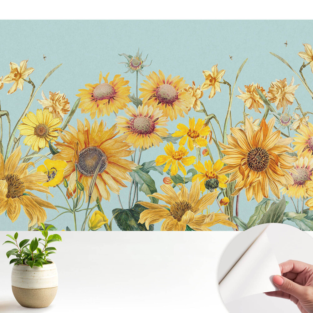 Tapeta do obyvaku Rustikální slunečnice a květiny na modré