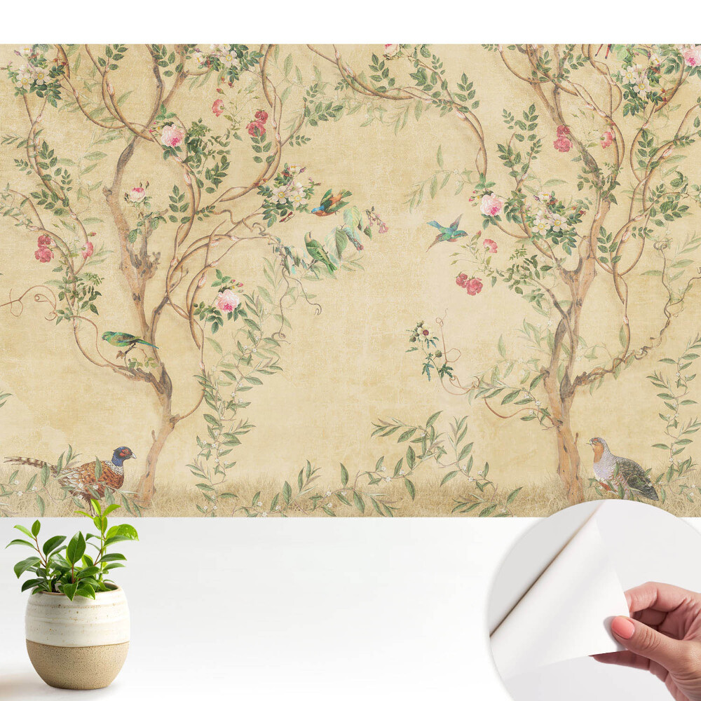 Tapeta do obyvaku Elegantní strom s květinami a ptáky