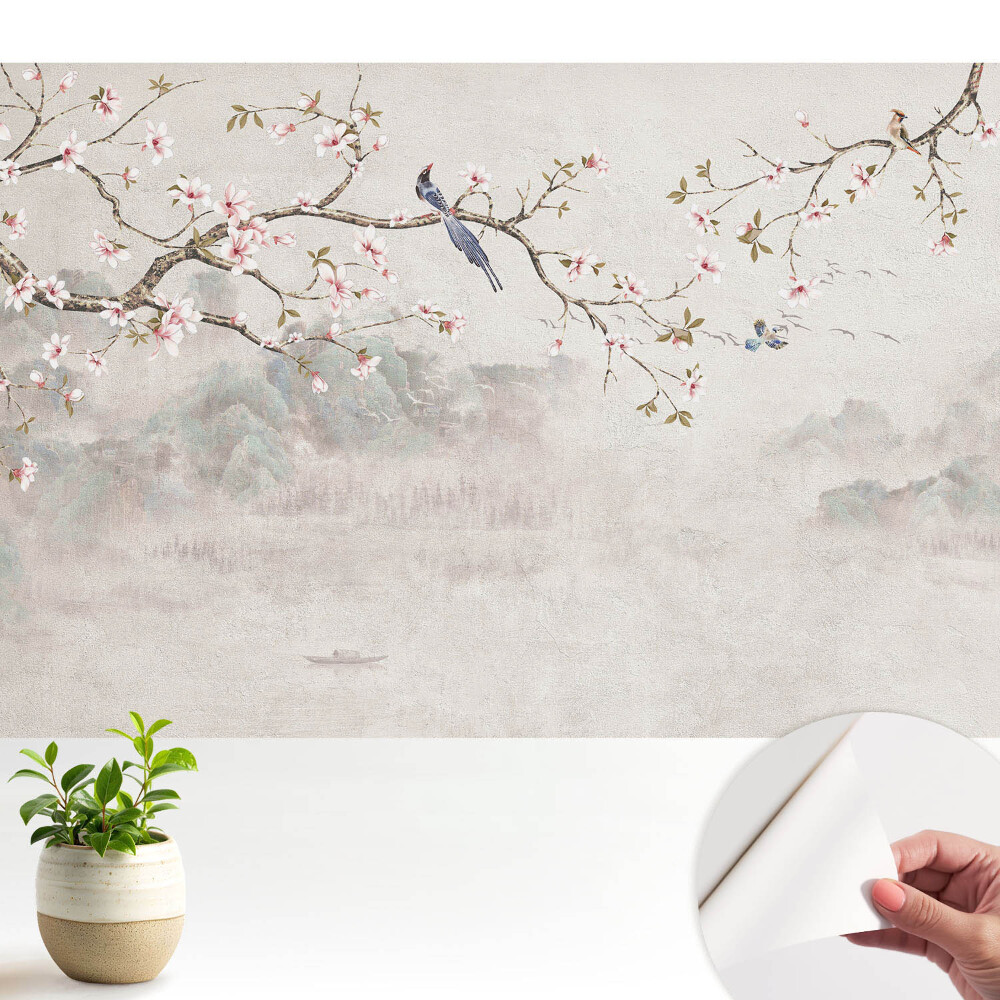 Tapeta na zeď Křehké květiny a ptáci na pozadí hor